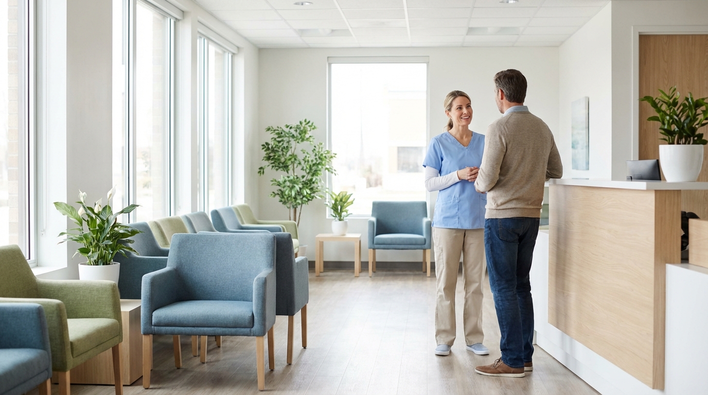 Freundlicher Empfangsbereich mit Beratungsgespräch